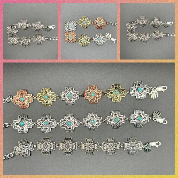 Faux Turquoise and Silver Tone Concho Chain Bracelet #1443 - Picture 4 of 6